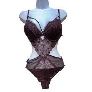 Secret Possessions Womens One-Piece Strappy Sexy Bodysuit Lingerie 32C Burgundy
